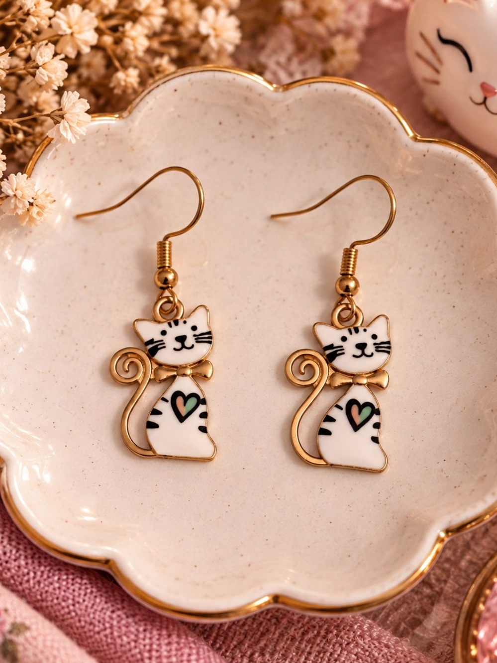 Cute White Cat Dangle Earrings with Green Heart Accent New